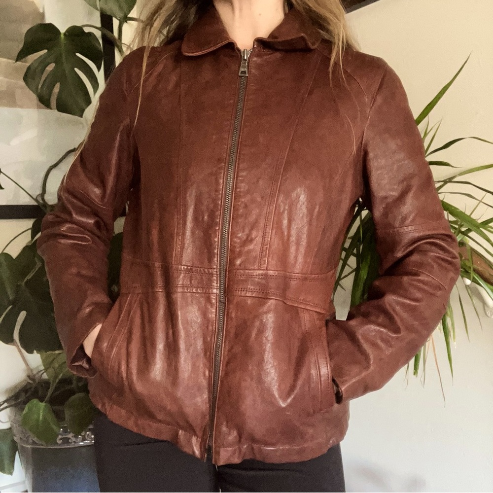 Andrew Marc Brown Leather Form Fitting Jacket PS Petite Small